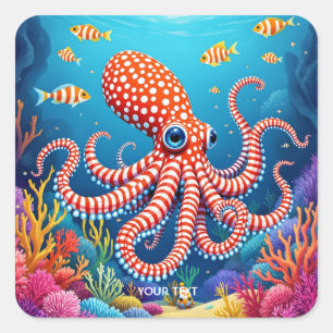 Adesivo Quadrado Fantasy Cute Checked Octopus Sea