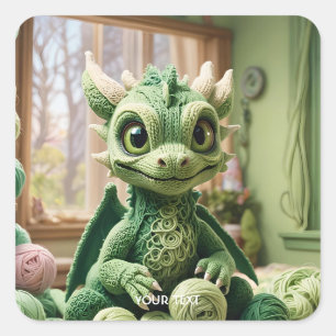 Adesivo Quadrado Fantasy Cute Green Yarn Dragon