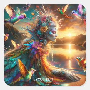 Adesivo Quadrado Fantasy Cute Hummingbird Goddess Lake