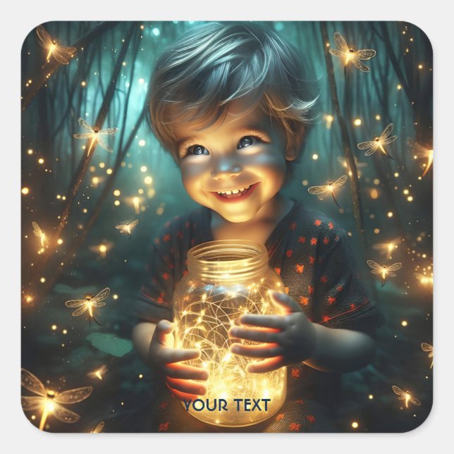 Adesivo Quadrado Fantasy Cute Kid Jar Fireflies (Frente)
