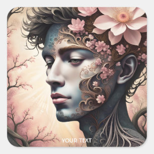 Adesivo Quadrado Fantasy Cute Man Face Flowers