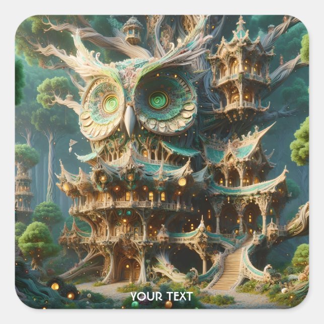 Adesivo Quadrado Fantasy Cute Owl Tree House (Frente)