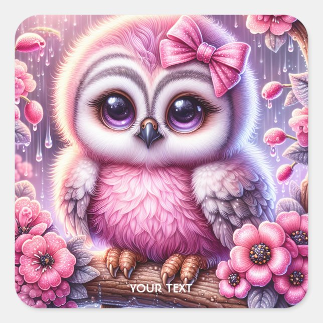 Adesivo Quadrado Fantasy Cute Pink Owl Sakura (Frente)