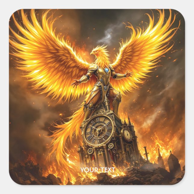 Adesivo Quadrado Fantasy Cute Steampunk Flames Phoenix (Frente)