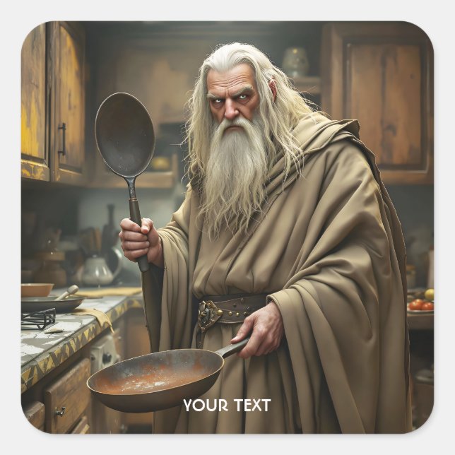 Adesivo Quadrado Fantasy Cute Wizard Frying Pan (Frente)