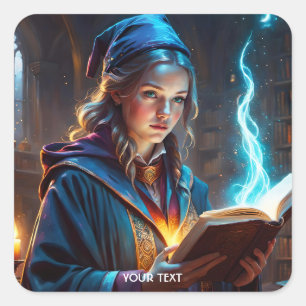 Adesivo Quadrado Fantasy Cute Wizard Girl Book