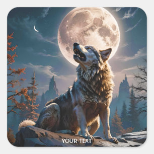 Adesivo Quadrado Fantasy Cute Wolf Howling To Moon