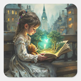 Adesivo Quadrado Fantasy Cute Young Girl Read
