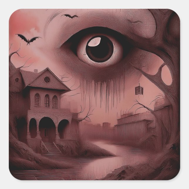 Adesivo Quadrado Fantasy: Dilapidated House With Giant Eyeball  (Frente)