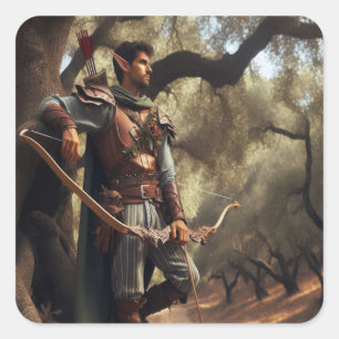 Adesivo Quadrado Fantasy Elf Archer Descansa na Floresta de Carvalh