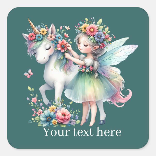 Adesivo Quadrado Fantasy Fairy unicorn adiciona texto (Frente)