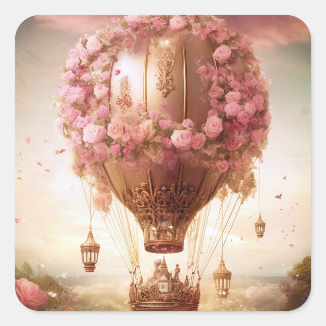 Adesivo Quadrado Fantasy Hot Air Balloon Rosa Dourado (Frente)