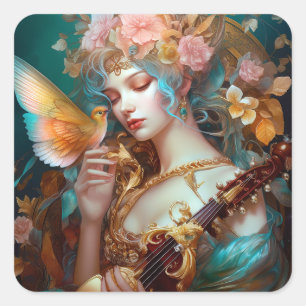 Adesivo Quadrado Fantasy Lady With Lute & Butterfly Bird