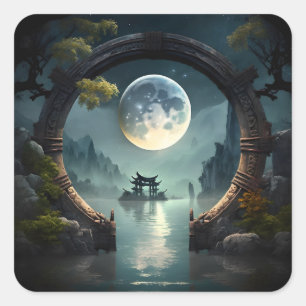 Adesivo Quadrado Fantasy Landscape Moon, Arco Redondo, Stickers Qua