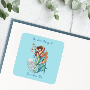 Adesivo Quadrado Fantasy Mermaid Teal Tail Bookplate