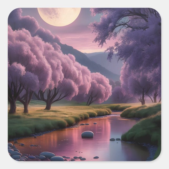 Adesivo Quadrado Fantasy Moonlit River Dreamscape Illustration (Frente)