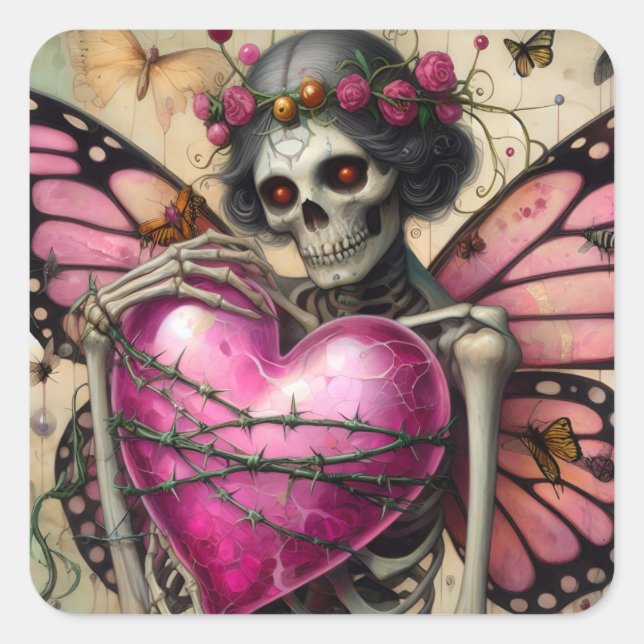Adesivo Quadrado Fantasy Skeleton With Barbed Wire Heart (Frente)