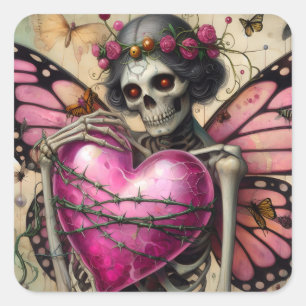 Adesivo Quadrado Fantasy Skeleton With Barbed Wire Heart
