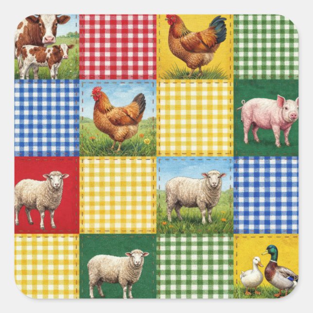 Adesivo Quadrado Farm Animals and Gingham Patchwork Quilt (Frente)