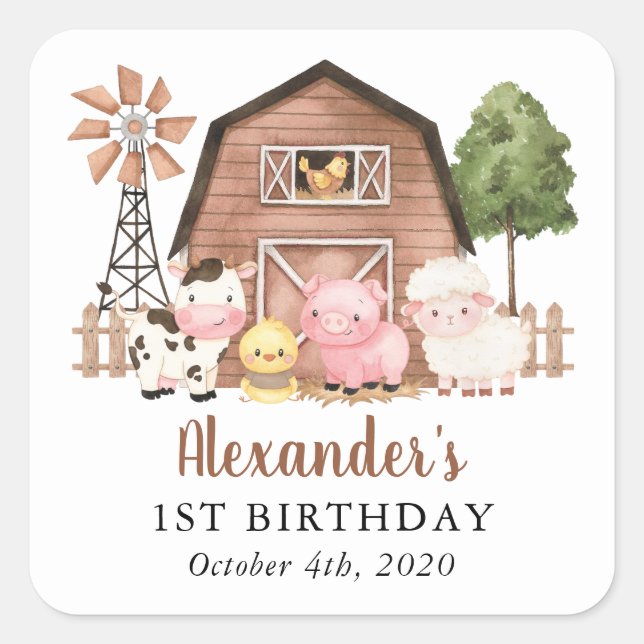 Adesivo Quadrado Farm Animals, Cute Animals, Barn, First Birthday (Frente)