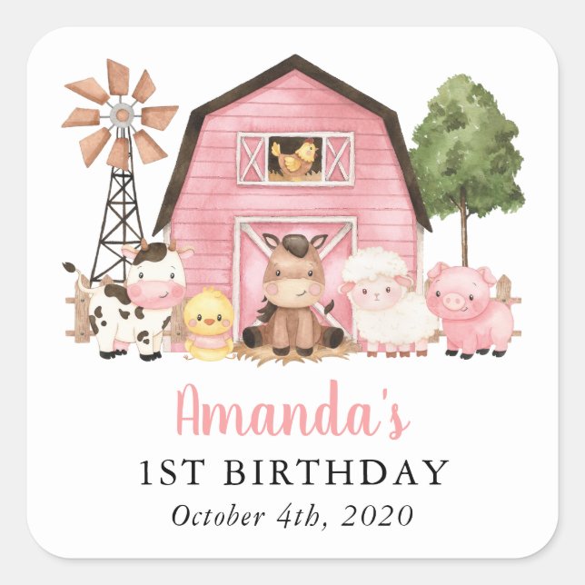 Adesivo Quadrado Farm Animals, Cute Animals, Barn, First Birthday (Frente)