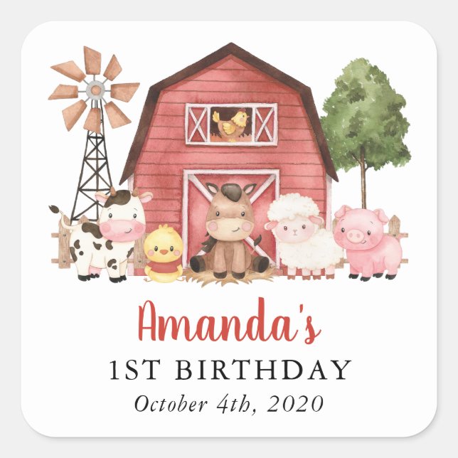 Adesivo Quadrado Farm Animals, Cute Animals, Barn, First Birthday (Frente)