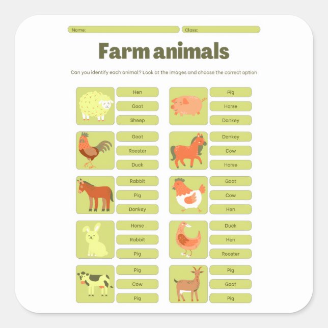 Adesivo Quadrado Farm Animals Identification Educational Worksheet (Frente)
