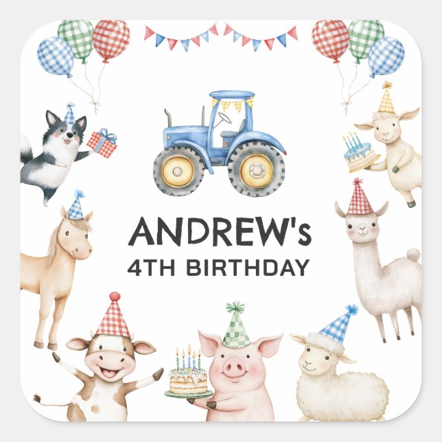 Adesivo Quadrado Farm Animals Kids Birthday Party Favor Stickers (Frente)