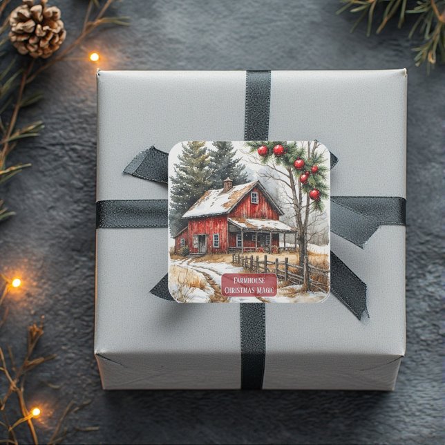 Adesivo Quadrado Farmhouse Christmas Magic Vintage Rustic  (Farmhouse Christmas Magic Vintage Rustic Square Sticker)