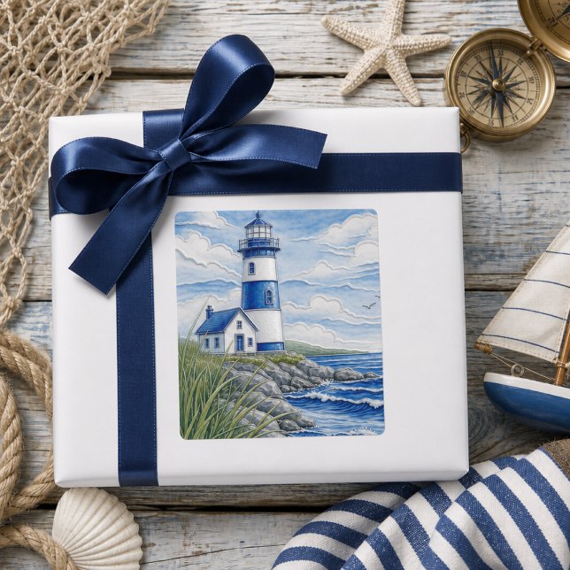 Adesivo Quadrado Farol à Beira-Mar  (This mockup is a digital representation created using generative AI tools to showcase the design)