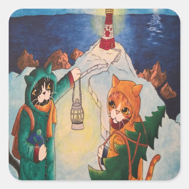 Adesivo Quadrado Farol no Vinheta Retangular de Gatos Noturnos (Frente)