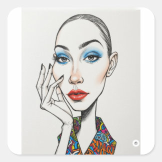 Adesivo Quadrado Fashion Model Pop Art Portrait Blue Eyeshadow Red