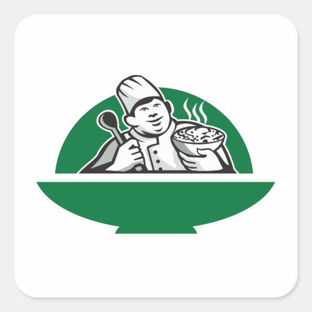 Adesivo Quadrado Fat Chef Cook Segurando Coluna De Bowl Retro (Frente)