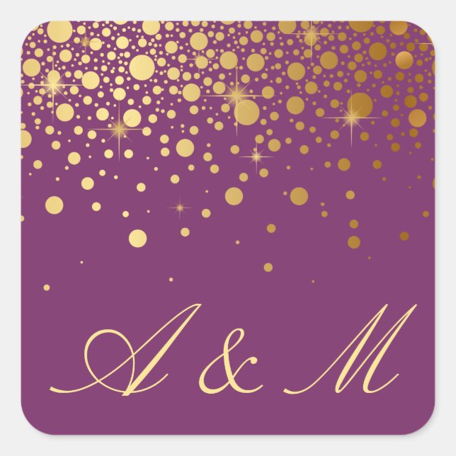 Adesivo Quadrado Faux Gold Foil Confetti Dots Purple Monograma (Frente)