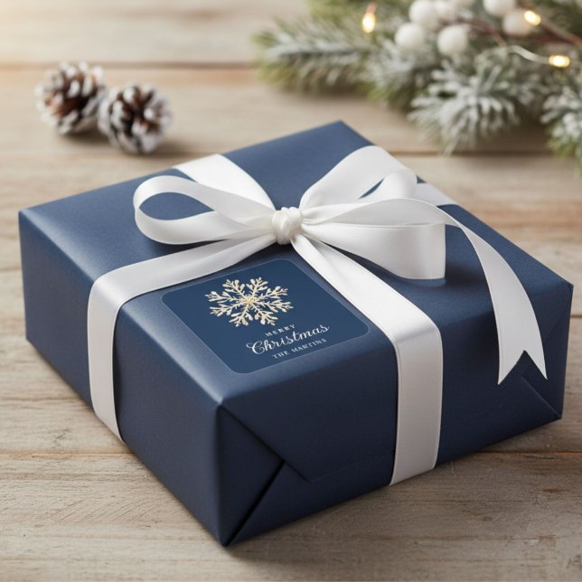 Adesivo Quadrado Faux Gold Snowflake Navy Blue Custom Holiday (Criador carregado)