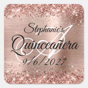Adesivo Quadrado Faux Rosa Dourada Glitter e Foil Quinceañera