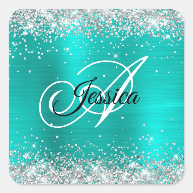 Adesivo Quadrado Faux Shiny Silver Glitter Turquoise Monograma (Frente)