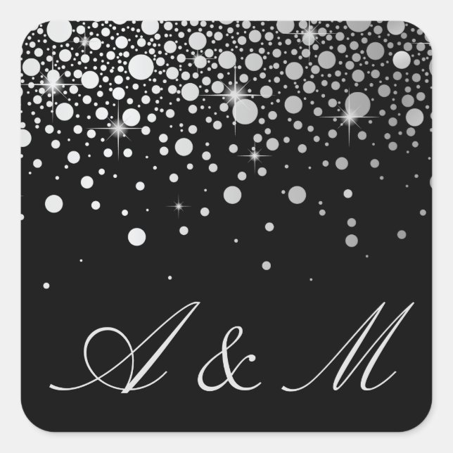 Adesivo Quadrado Faux Silver Foil Confetti Pontos Pretos Monograma (Frente)