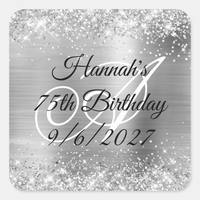 Adesivo Quadrado Faux Silver Glitter e Foil 75. º Aniversário (Frente)