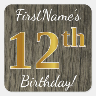 Adesivo Quadrado Faux Wood, Faux Dourada 12 Birthday + nome persona