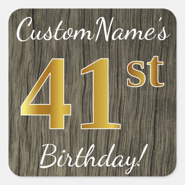 Adesivo Quadrado Faux Wood, Faux Dourado 41rua Birthday + Nome Pers (Frente)
