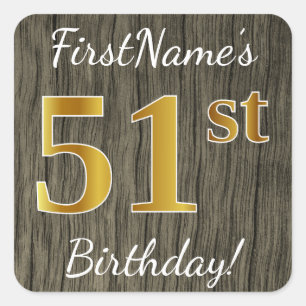 Adesivo Quadrado Faux Wood, Faux Dourado 51ruas Birthday + Nome Per