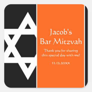 Adesivo Quadrado Favor alaranjado e preto de Mitzvah do bar da