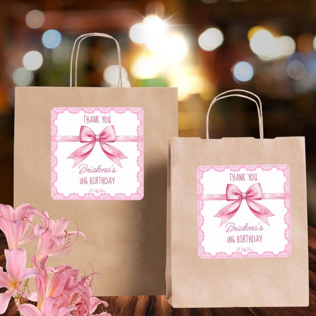 Adesivo Quadrado Favor da festa de aniversário do coquetel do arco  (Pink bow coquette birthday party thank you favor sticker personalized party favor stickers)
