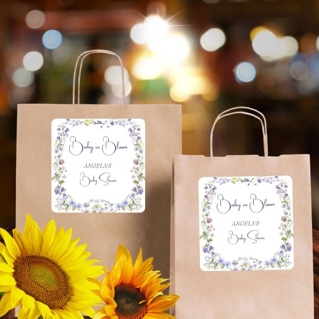 Adesivo Quadrado Favor das flores de chá de fraldas silvestre (Wildflower baby shower boho flowers thank you favor sticker delicate meadow flowers spring summer)