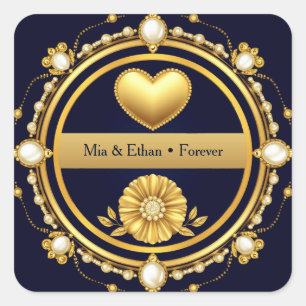Adesivo Quadrado 💙 Favor de Agradecimento de Casamento Azul Marinh