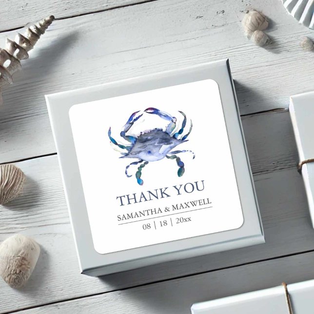 Adesivo Quadrado Favor de agradecimento de casamento na praia com c (Beach wedding favor stickers watercolor blue crab art by Victoria Grigaliunas of Do Tell A Belle)