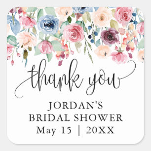 Adesivo Quadrado Favor de Agradecimento de Flores em Aquarela