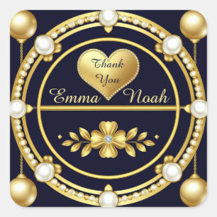 Adesivo Quadrado 💍 Favor de Casamento Azul Marinho Personalizado d