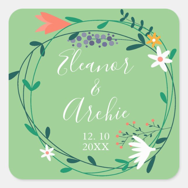 Adesivo Quadrado Favor de casamento com grinalda floral country (Frente)